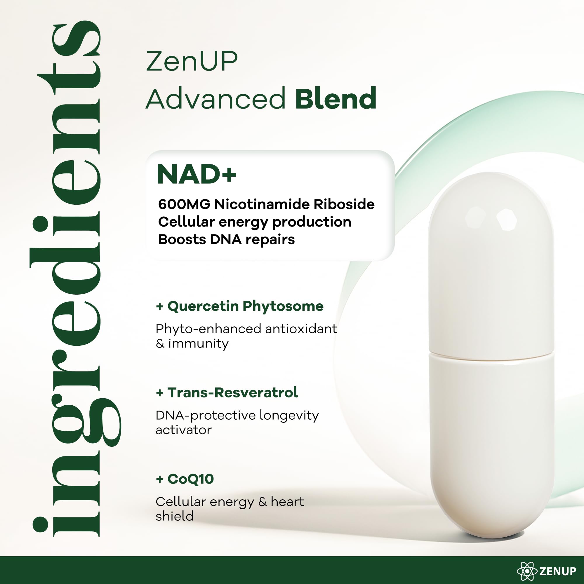 ZenUP NAD+ Supplement | 1100mg Liposomal Nicotinamide Riboside with Resveratrol & Quercetin | Anti-Aging, Cellular Energy, Mental Focus | 120 Caps ZenUP Au supplements