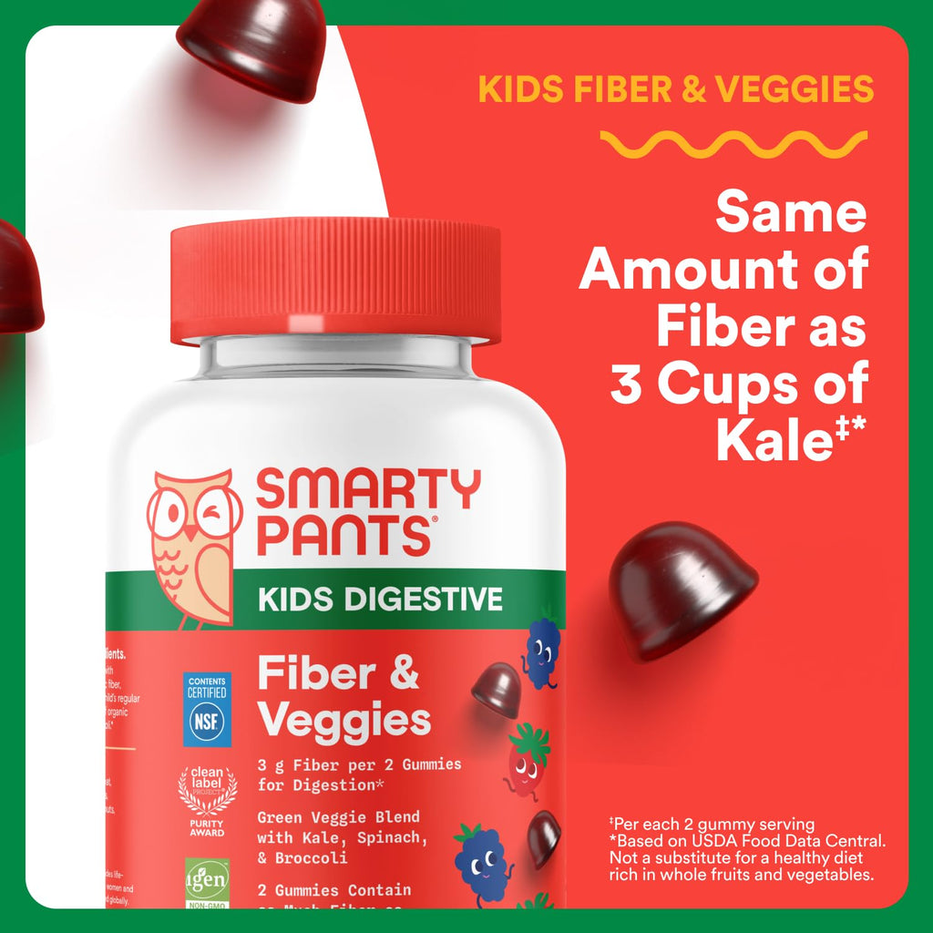 SmartyPants Kids Fiber & Veggies: Prebiotic Fiber Gummies for Kids, Fiber Supplement with Inulin, Organic Green Veggie Blend, Vegan, Gluten Free