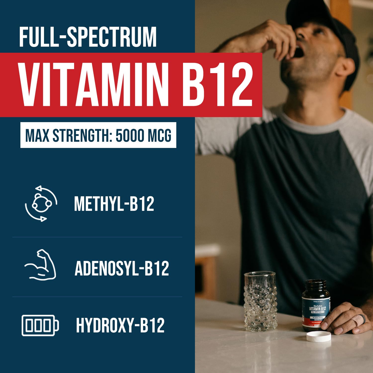 BioActive Vitamin B12 - 5000 mcg, Contains 3 BioActive Forms B12 Plus Methylfolate Cofactor - Methyl B12, Adenosyl B12 & Hydroxy B12 | Supports Energy
