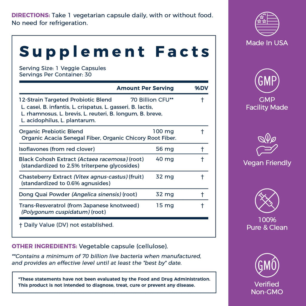 NewRhythm Menopause Probiotics for Women, 7-in-1 Relief, Prebiotics, Black Cohosh Trans-Resveratrol Chasteberry Red Clover Dong Quai, Hot Flashes Night Sweats, No Soy, No Estrogen, 30 Ct NewRhythm Au supplements