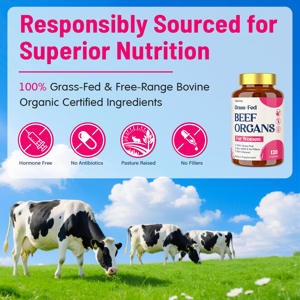12-In-1 Beef Organ Supplement for Women - Beef Liver, Uterus, Kidney, Heart, Pancreas, 5 Vitamins & 2 Herbs, Hormone Balance, Menstruation, Energy, Immune - 100% Grass Fed, Pasture Raise - 120 Caps Nassiouy Au supplements