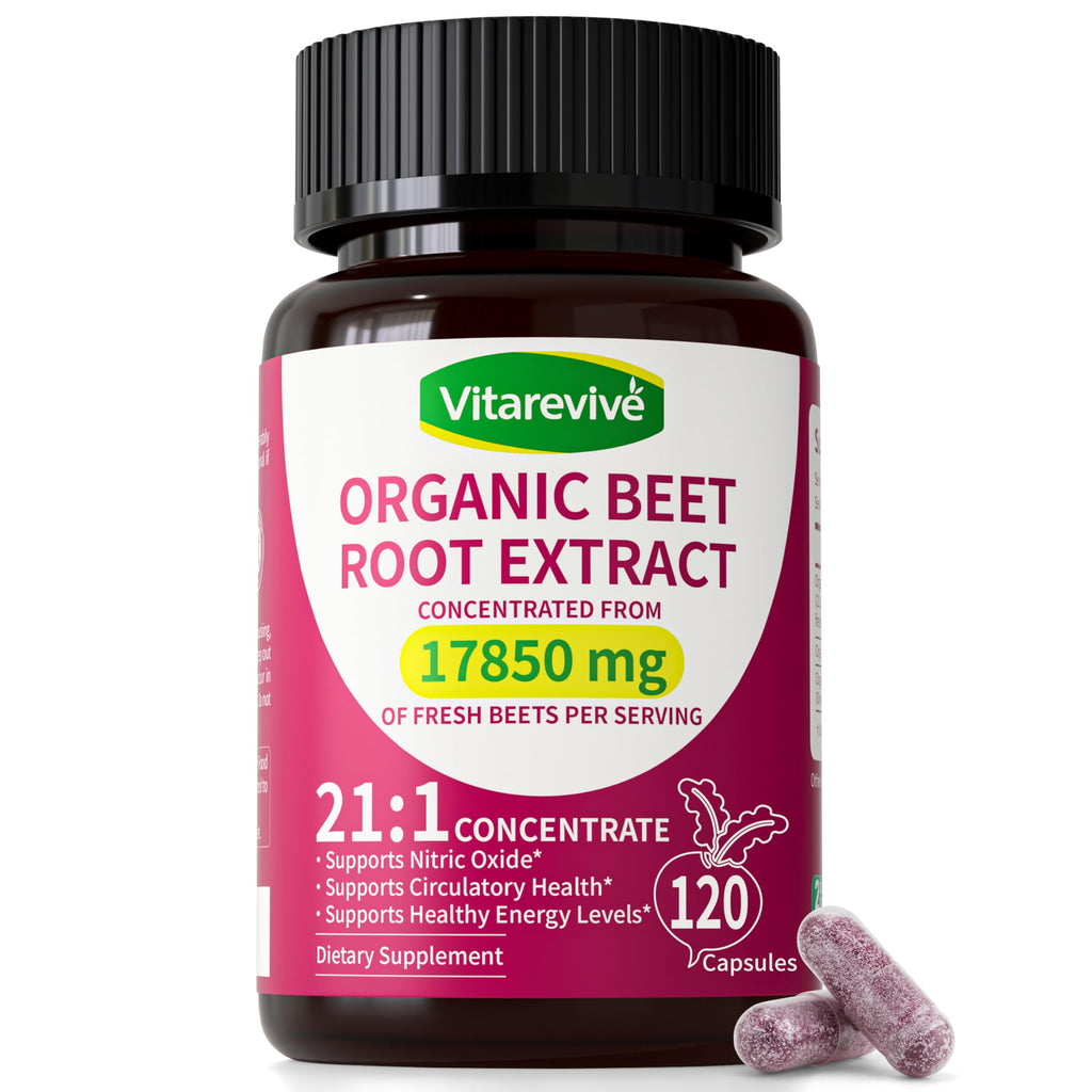 Vitarevive Organic Beet Root Capsules with Beetroot Extract 17850mg 21:1 Concentrated Beetroot Supplement Supports Circulation and Nitric Oxide