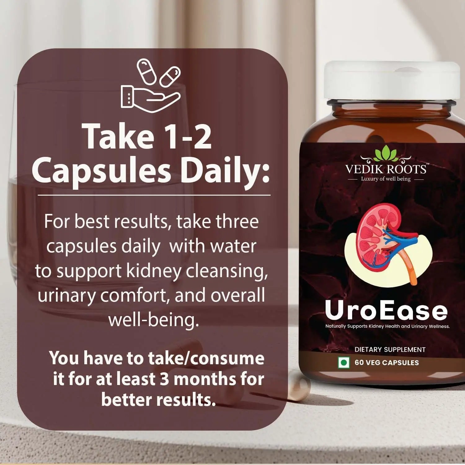 VEDIKROOTS UroEase | Ayurvedic Herbal Supplement for Kidney Health & Uric Acid Levels | Supports Urinary Tract Health | 60 Veg Capsules VEDIKROOTS Au supplements