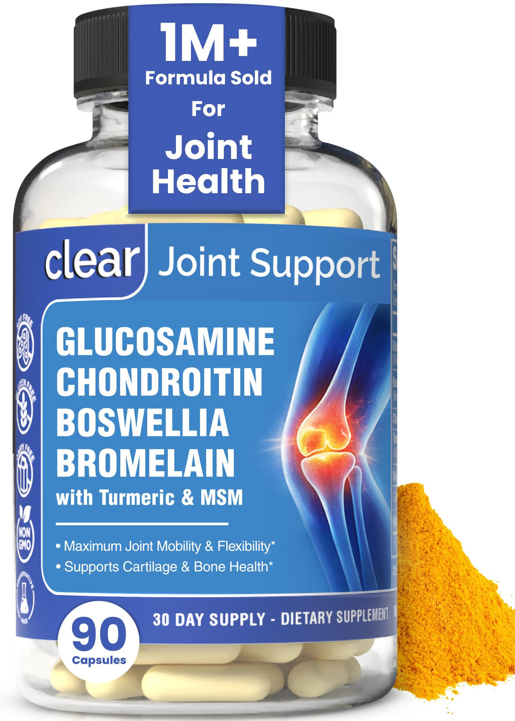 Clear Joint Support - 1500mg Glucosamine Chondroitin MSM - 8 in 1 Joint Health Supplement with Turmeric and Boswellia for Men & Women, Knee, Hip & Back Support, Made in USA, 90 Capsules Clear Probiotics Au supplements