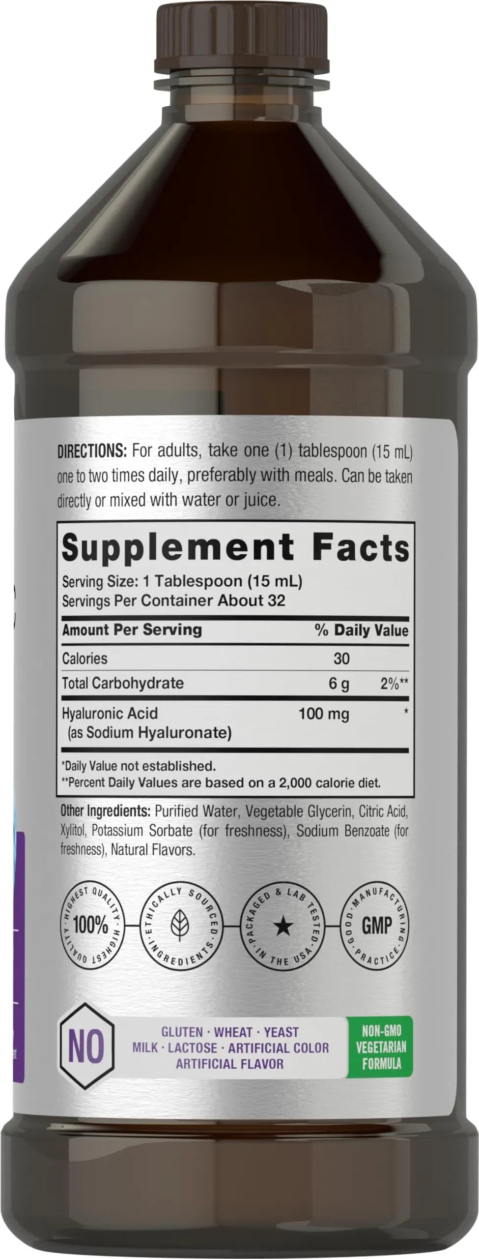 Liquid Hyaluronic Acid Supplement | 100 mg | 16 oz | Mixed Berry Flavor | Non-GMO Horbäach Au supplements