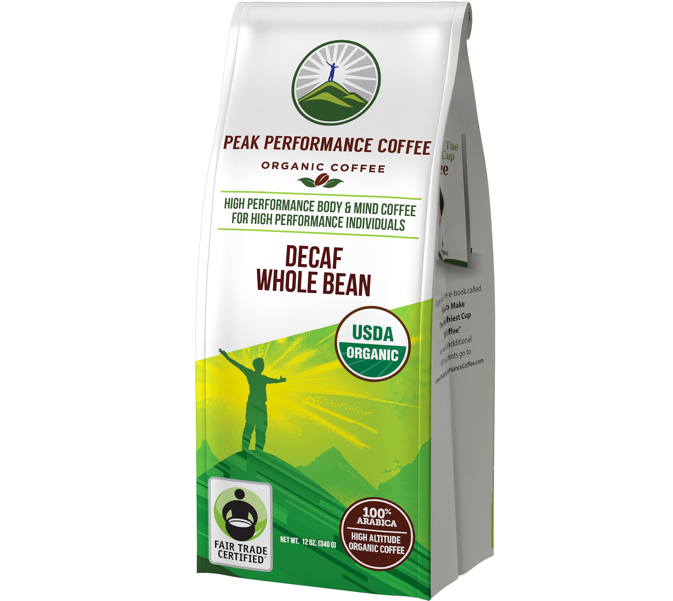 Peak Performance High Altitude Organic Decaf Coffee - Fair Trade, Low Acid, Non GMO, Beans Full of Antioxidants - Medium Roast Smooth Tasting USDA Certified Organic Decaffeinated Whole Bean 12 oz Peak Performance Au supplements