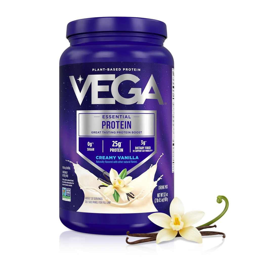 Vega Essential Protein – 25g Plant Based Protein Powder, Creamy Vanilla, Vegan for a Dairy-Free Vanilla Shake – Large Tub, 32.5oz (20 Servings)