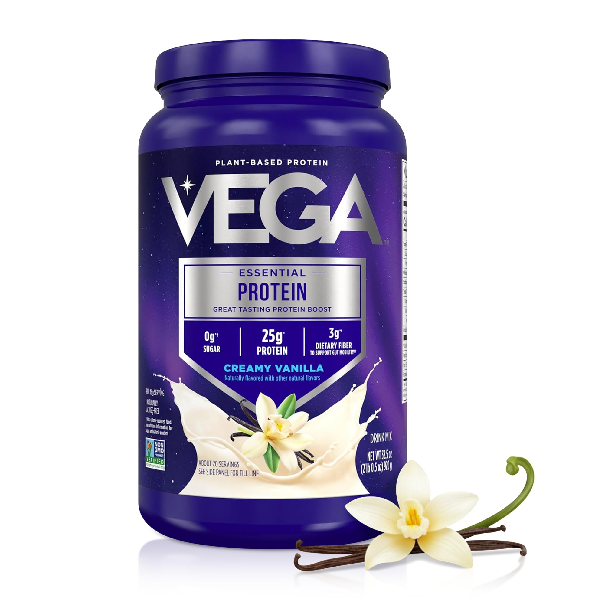 Vega Essential Protein – 25g Plant Based Protein Powder, Creamy Vanilla, Vegan for a Dairy-Free Vanilla Shake – Large Tub, 32.5oz (20 Servings)