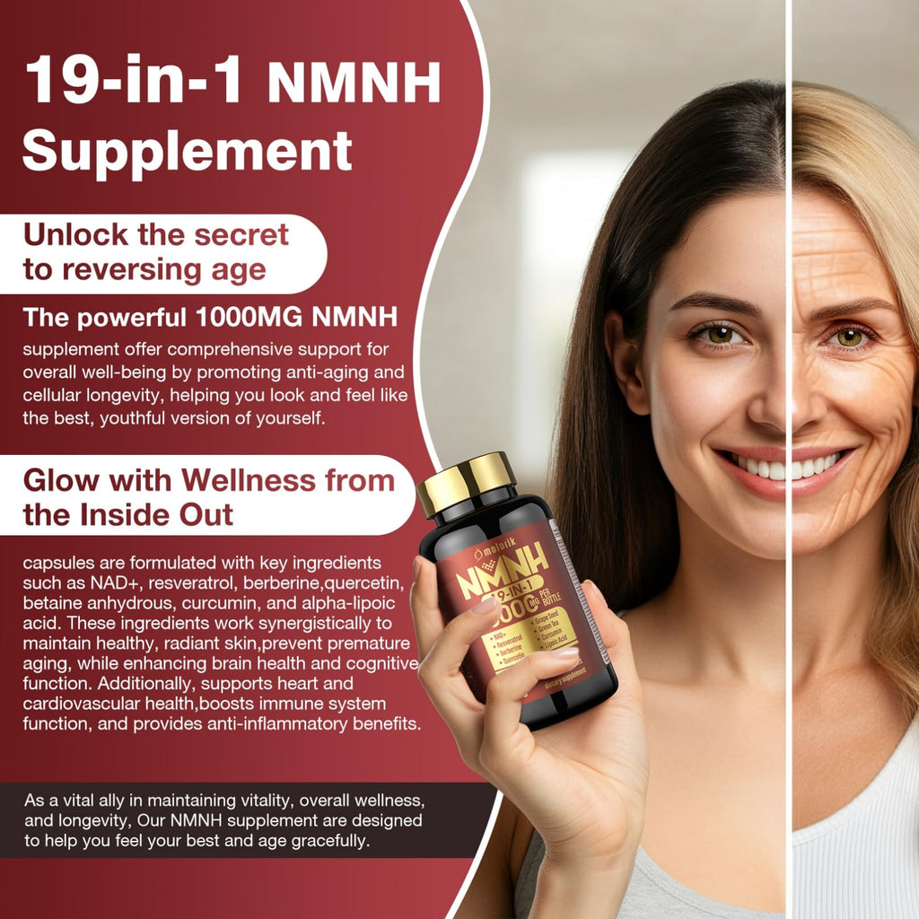 19 in 1 NMNH (Dihydronicotinamide Mononucleotide) 1000mg Per Serving, Nad Supplement Boost NAD+ Levels Nad Resveratrol Supplement with Quercetin, Vitamin D3 K2, Healthy Aging, Energy, 90 Capsules molorik pure Au supplements