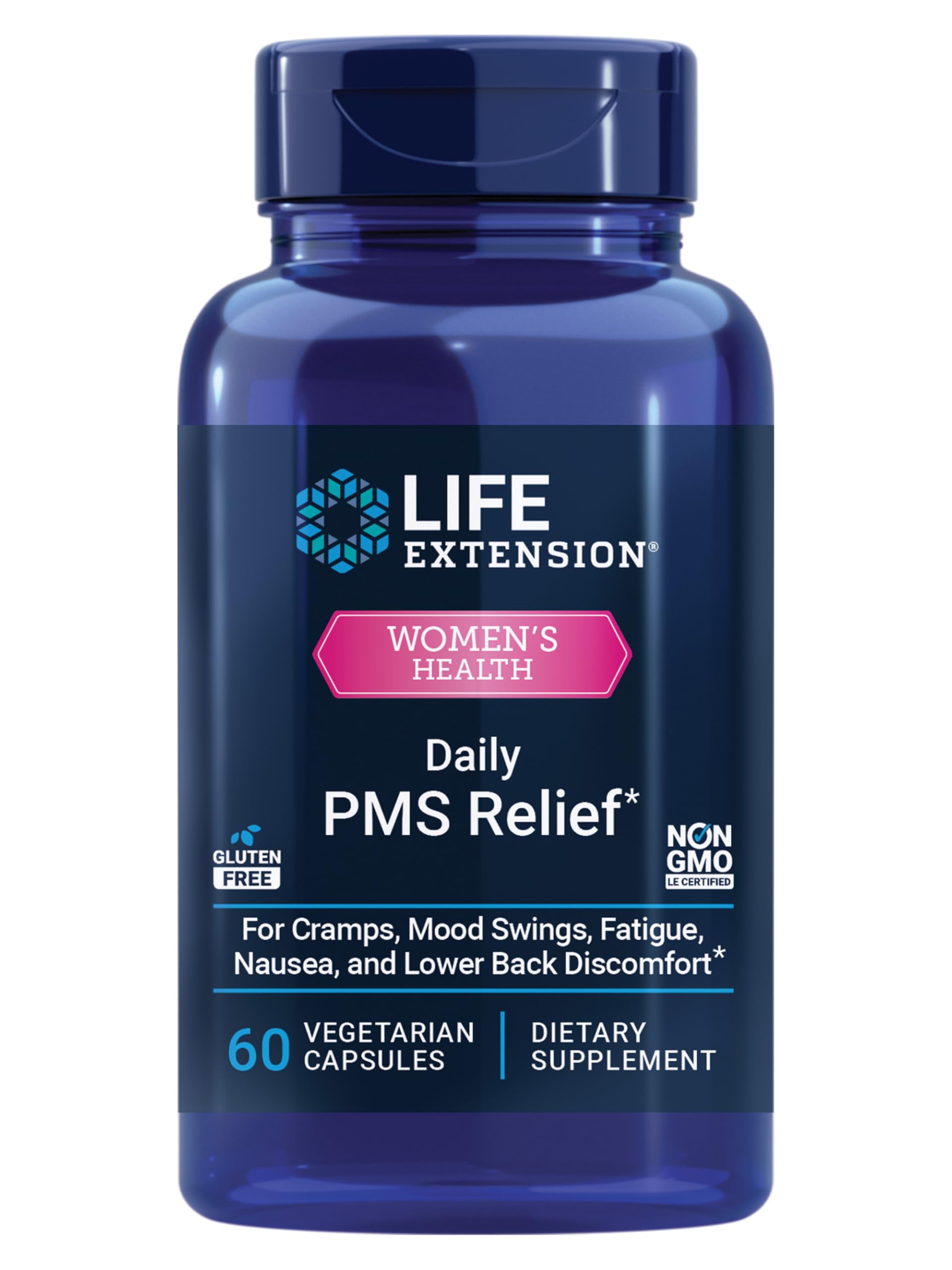 Life Extension Daily PMS Relief, Menstrual Comfort Supplement, PMS-Related Cramps, Lower Back discomfort, Mood, Ginger, Magnesium, B6, Gluten-Free, Non-GMO, 60 Capsules Life Extension Au supplements