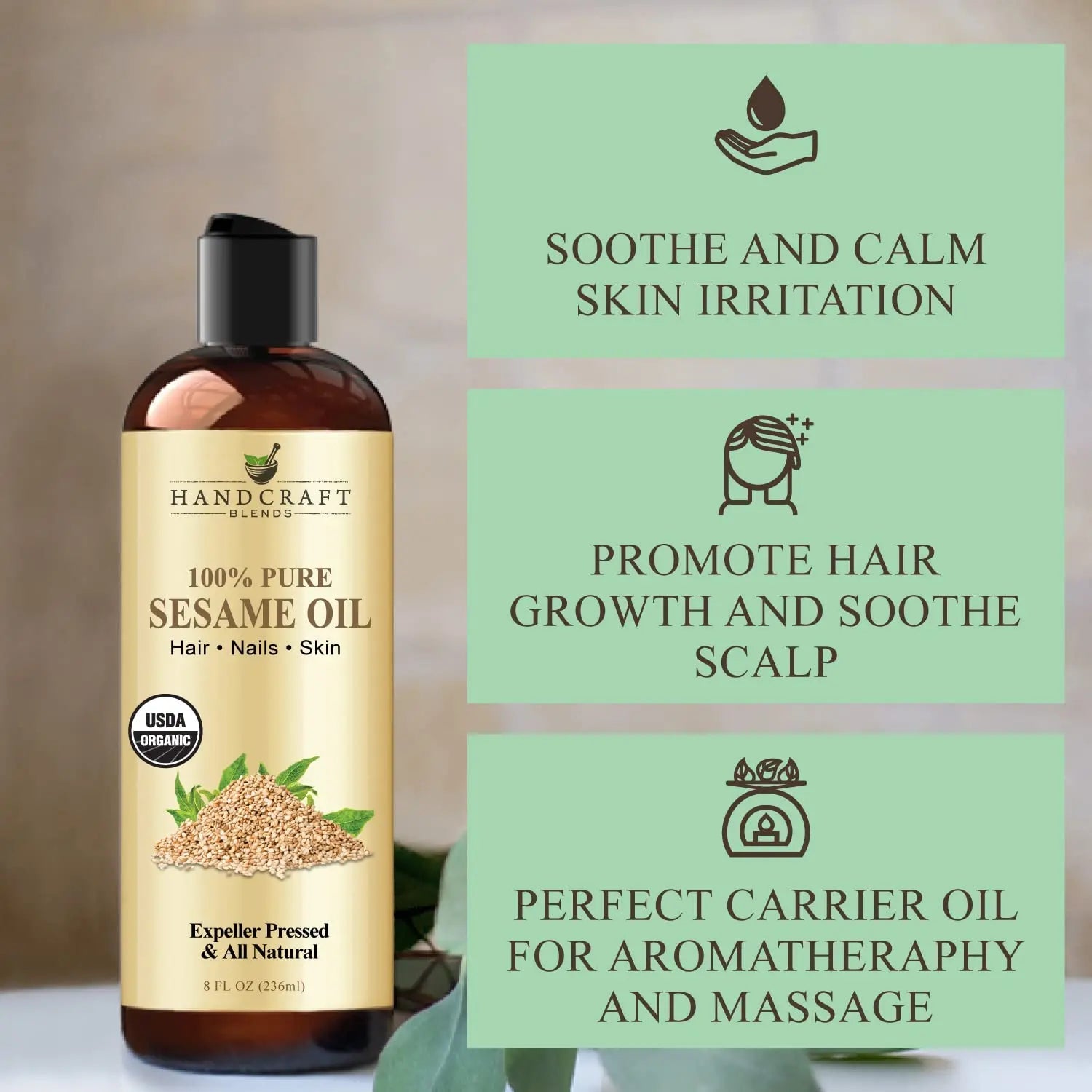 Handcraft Blends Organic Sesame Oil for Skin and Hair 8 oz - 100% Pure and Natural - Premium Handcraft Blends Au supplements
