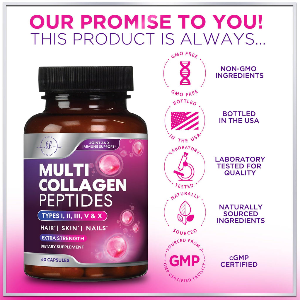 Multi Collagen Supplement 2400 mg - Types I, II, III, V & X Multi Collagen Peptides Pills for Women & Men, Hydrolyzed Collagen Supplements, Hair, Skin, Nail, & Joint Support Supplement, 60 Capsules Hello Lovely! Au supplements