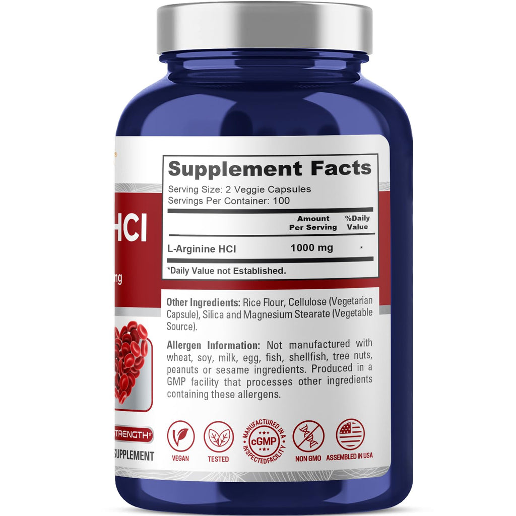 NusaPure L-Arginine 1000 mg 200 Veggie Capsules (Non-GMO, Vegetarian, Vegan) NusaPure Au supplements