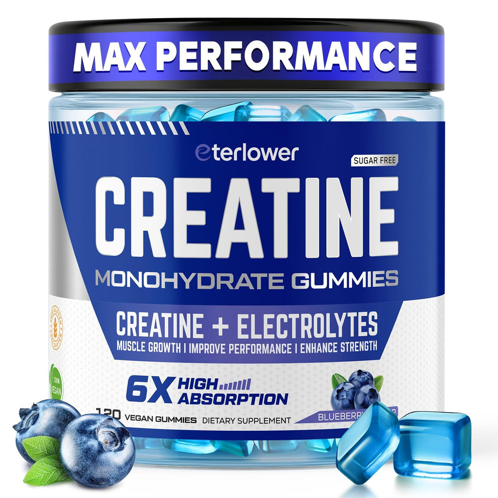 eterlower Creatine Monohydrate Gummies 5g – Pre-Workout Energy & Muscle Growth Support for Men & Women | Blueberry Electrolyte Gummies, 120 Count