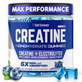 eterlower Creatine Monohydrate Gummies 5g – Pre-Workout Energy & Muscle Growth Support for Men & Women | Blueberry Electrolyte Gummies, 120 Count