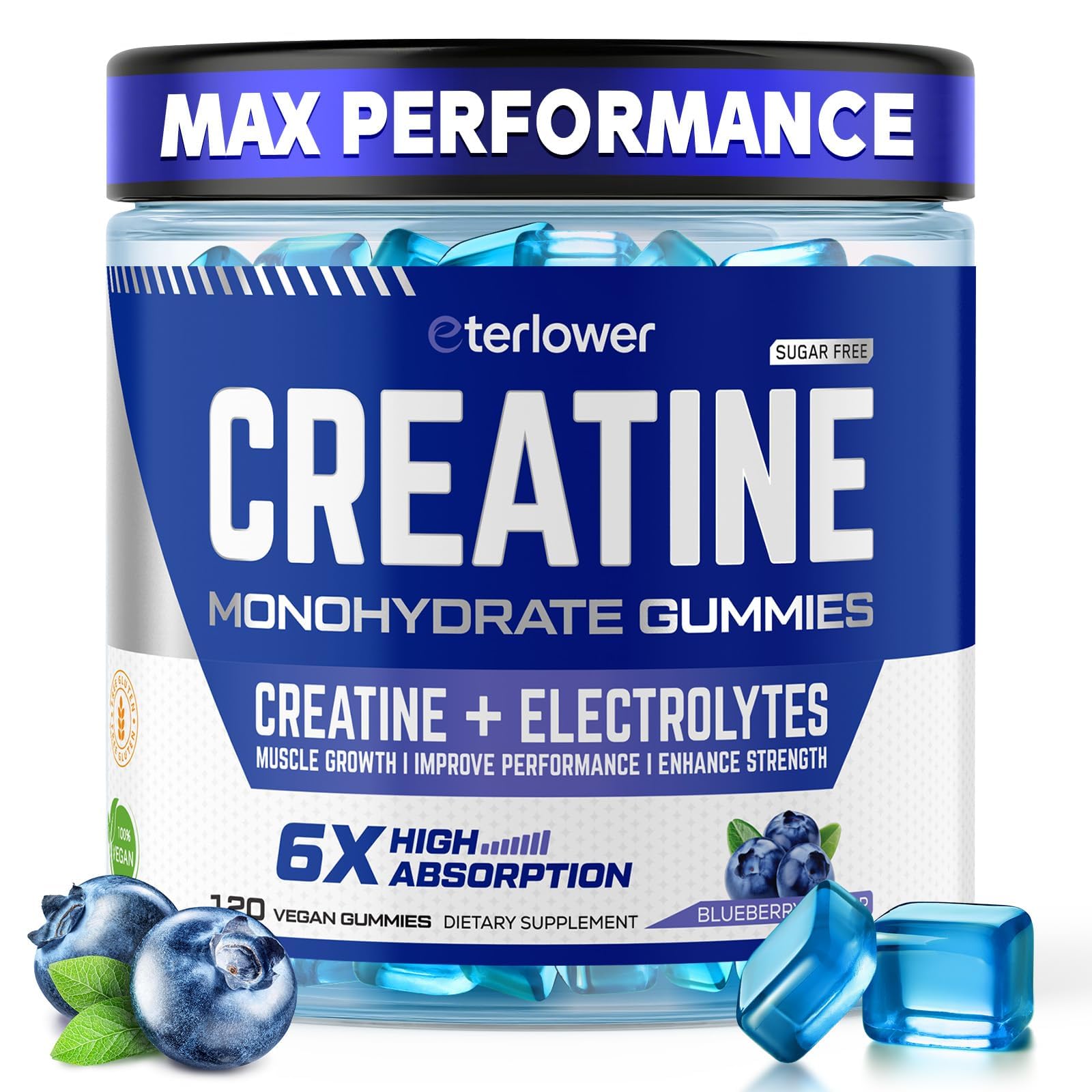 eterlower Creatine Monohydrate Gummies 5g – Pre-Workout Energy & Muscle Growth Support for Men & Women | Blueberry Electrolyte Gummies, 120 Count