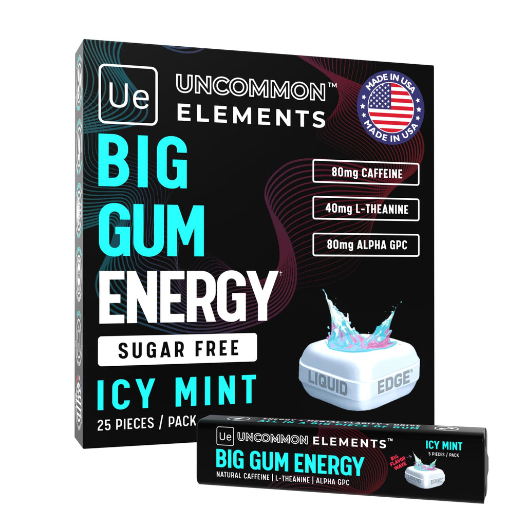 BIG GUM ENERGY & FOCUS – 80mg Caffeine + 40mg L-Theanine + 80mg Alpha GPC – Nootropic Chewing Gum for Focus, Energy & Execution – Icy Mint – 25 Pieces (5 Packs) Gym & Work Execution. UNCOMMON ELEMENTS Au supplements