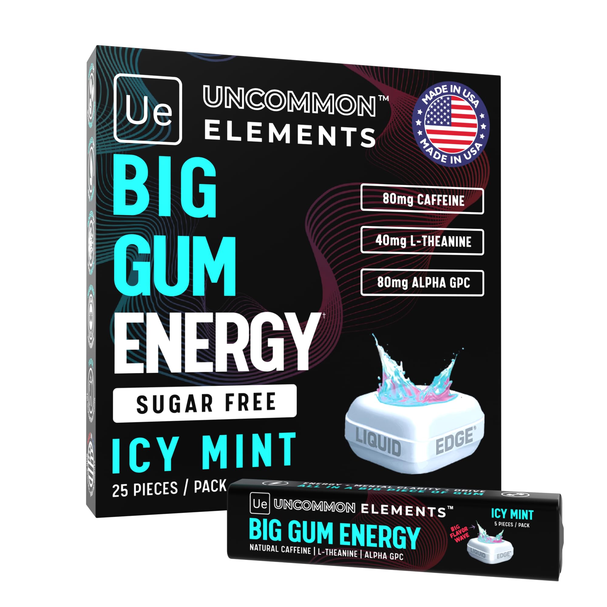 BIG GUM ENERGY & FOCUS – 80mg Caffeine + 40mg L-Theanine + 80mg Alpha GPC – Nootropic Chewing Gum for Focus, Energy & Execution – Icy Mint – 25 Pieces (5 Packs) Gym & Work Execution. UNCOMMON ELEMENTS Au supplements