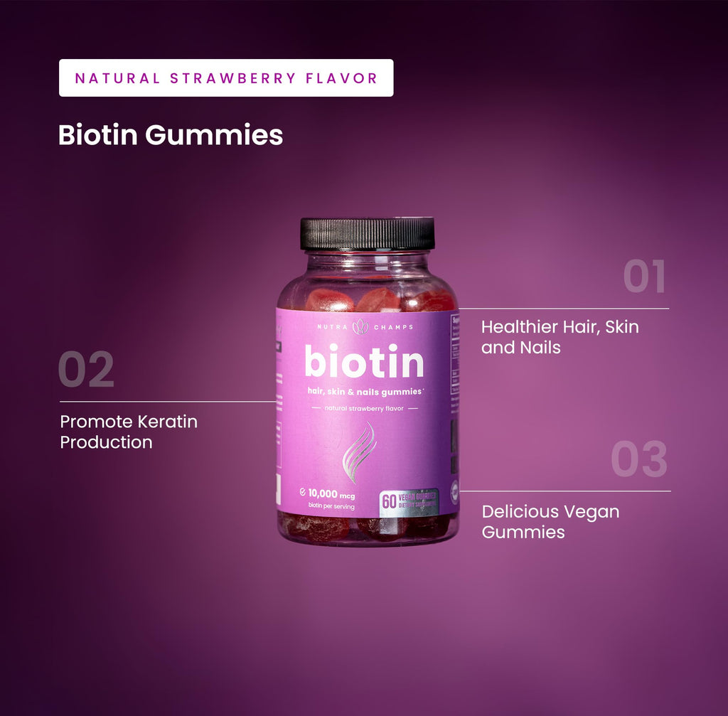 NutraChamps (2 Pack) Biotin Gummies 10,000mcg [High Potency] for Healthy Hair, Skin & Nails for Adults & Kids - 5000mcg in Each Gummy Vitamin - Vegan, Non-GMO