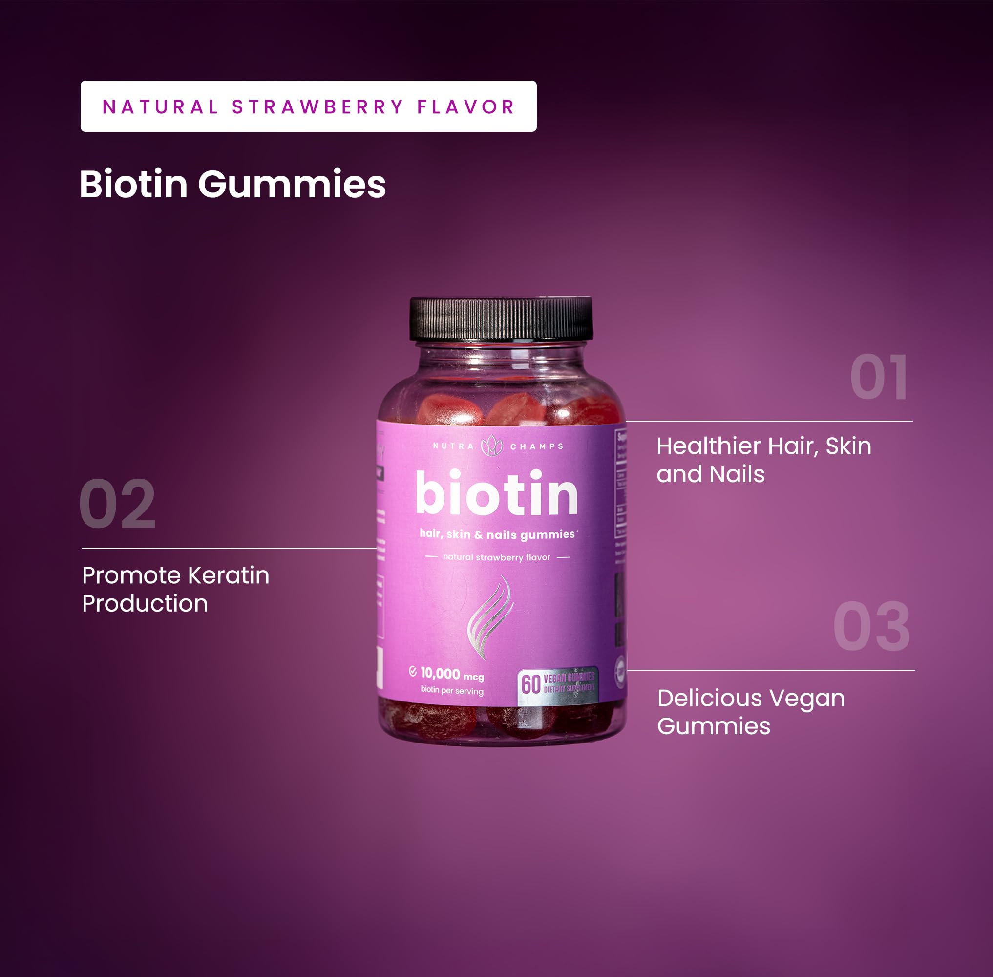 NutraChamps (2 Pack) Biotin Gummies 10,000mcg [High Potency] for Healthy Hair, Skin & Nails for Adults & Kids - 5000mcg in Each Gummy Vitamin - Vegan, Non-GMO