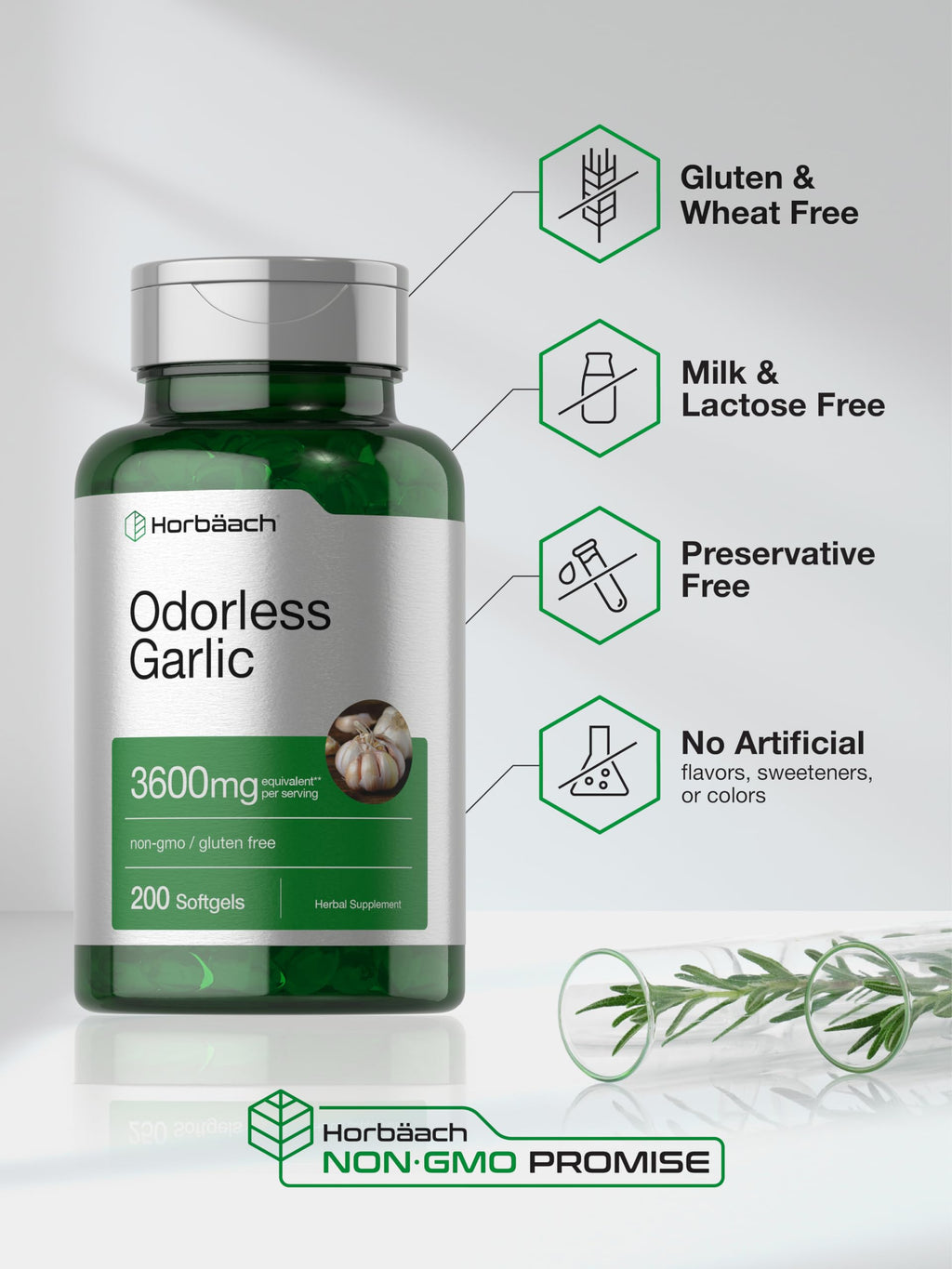 Horbäach Odorless Garlic Softgel Supplement | 200 Count | Ultra Potent Concentrated Herbal Extract | Non-GMO & Gluten Free