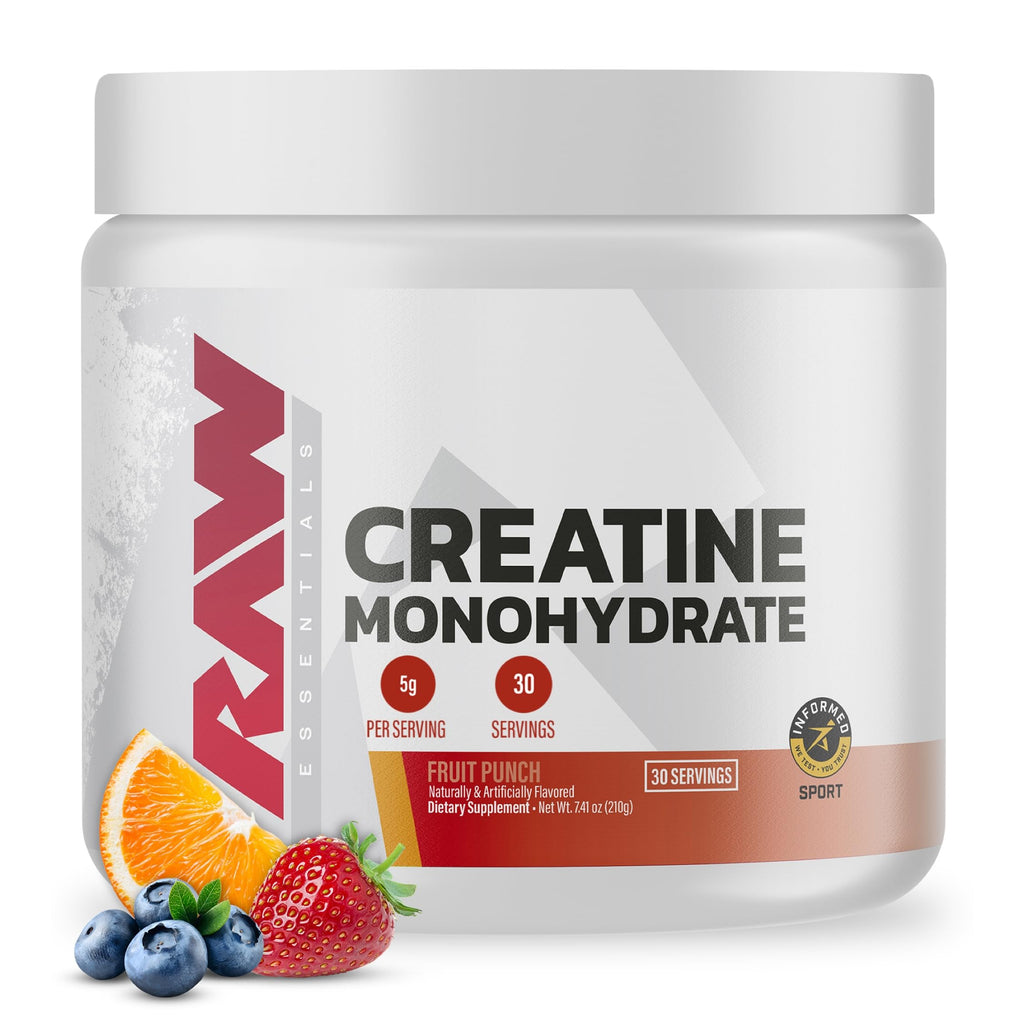 RAW Nutrition Creatine Monohydrate Powder, Fruit Punch (30 Servings) - Micronized Creatine Monohydrate Supplement for Workout Performance, Build Muscle & Strength