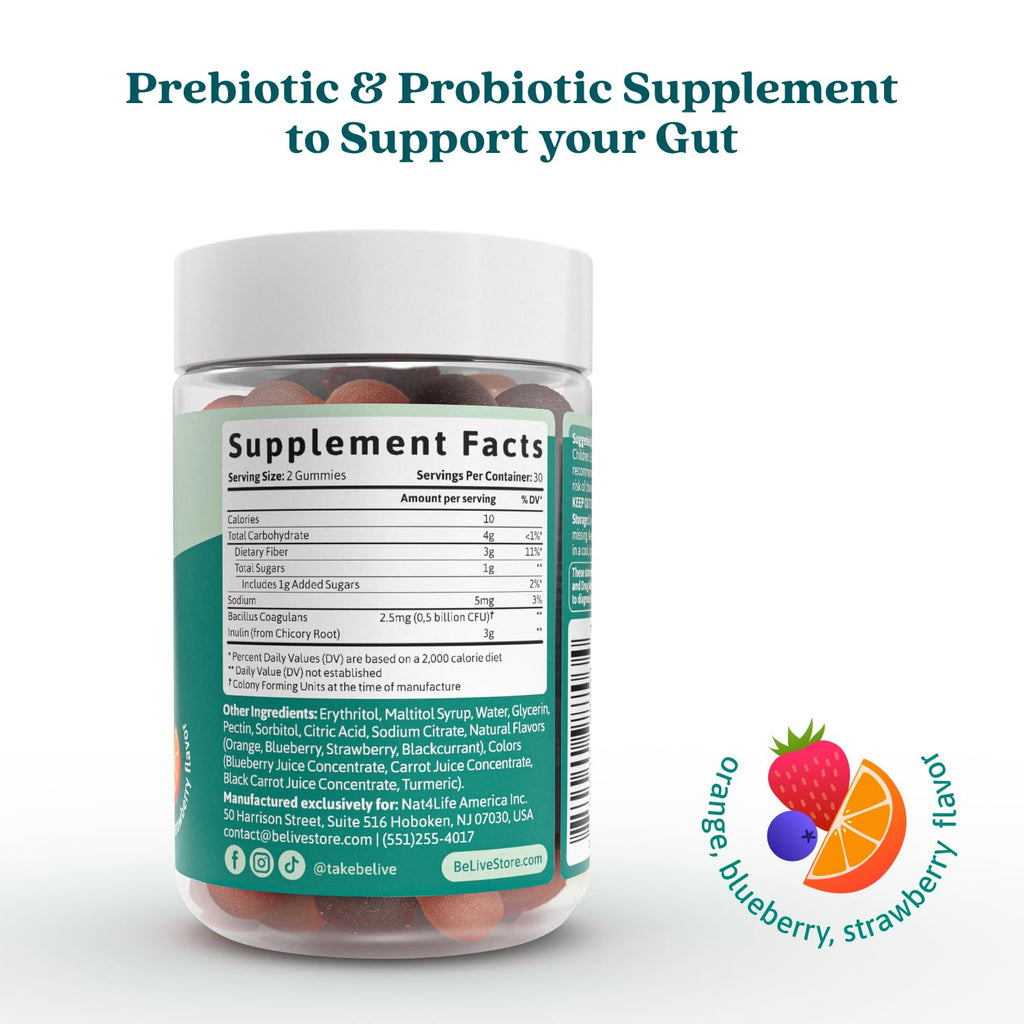 BeLive Synbiotics - Probiotic & Prebiotic Fiber Gummies – High Strength Inulin (3g), Dietary Fiber Supplement, Digestive Support for Kids & Adults