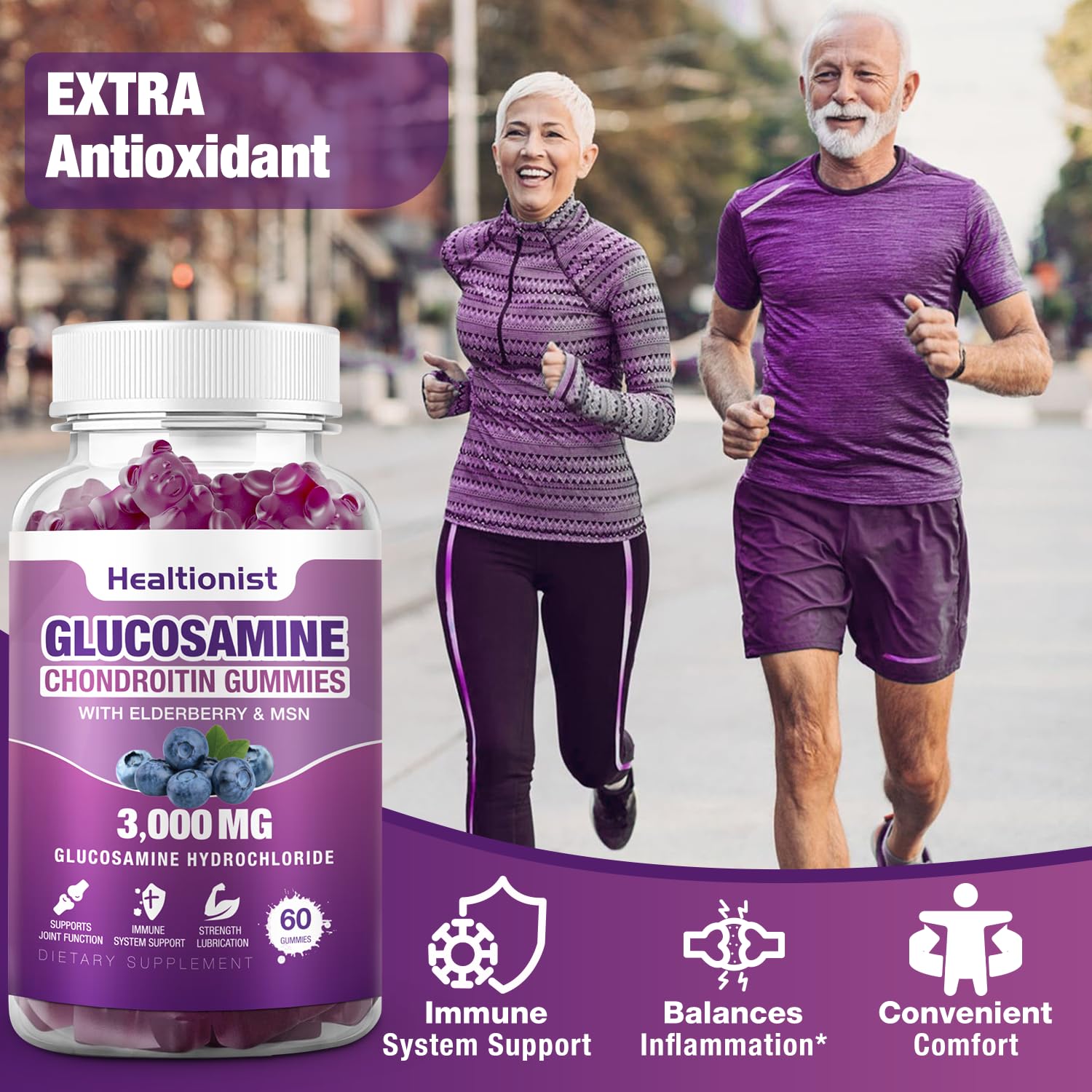 Healtionist 2 Packs 3000mg Glucosamine Chondroitin Gummies with MSM & Elderberry