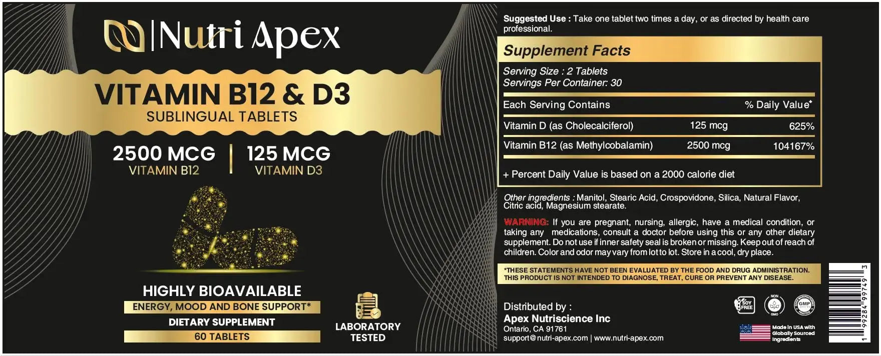 Nutri Apex Vitamin B12 & D3 Sublingual Tablets - 2500 mcg B12 & 125 mcg (5000 IU) D3 - Highly Bioavailable for Energy, Mood & Bone Health - Lab-Tested Nutri Apex Au supplements