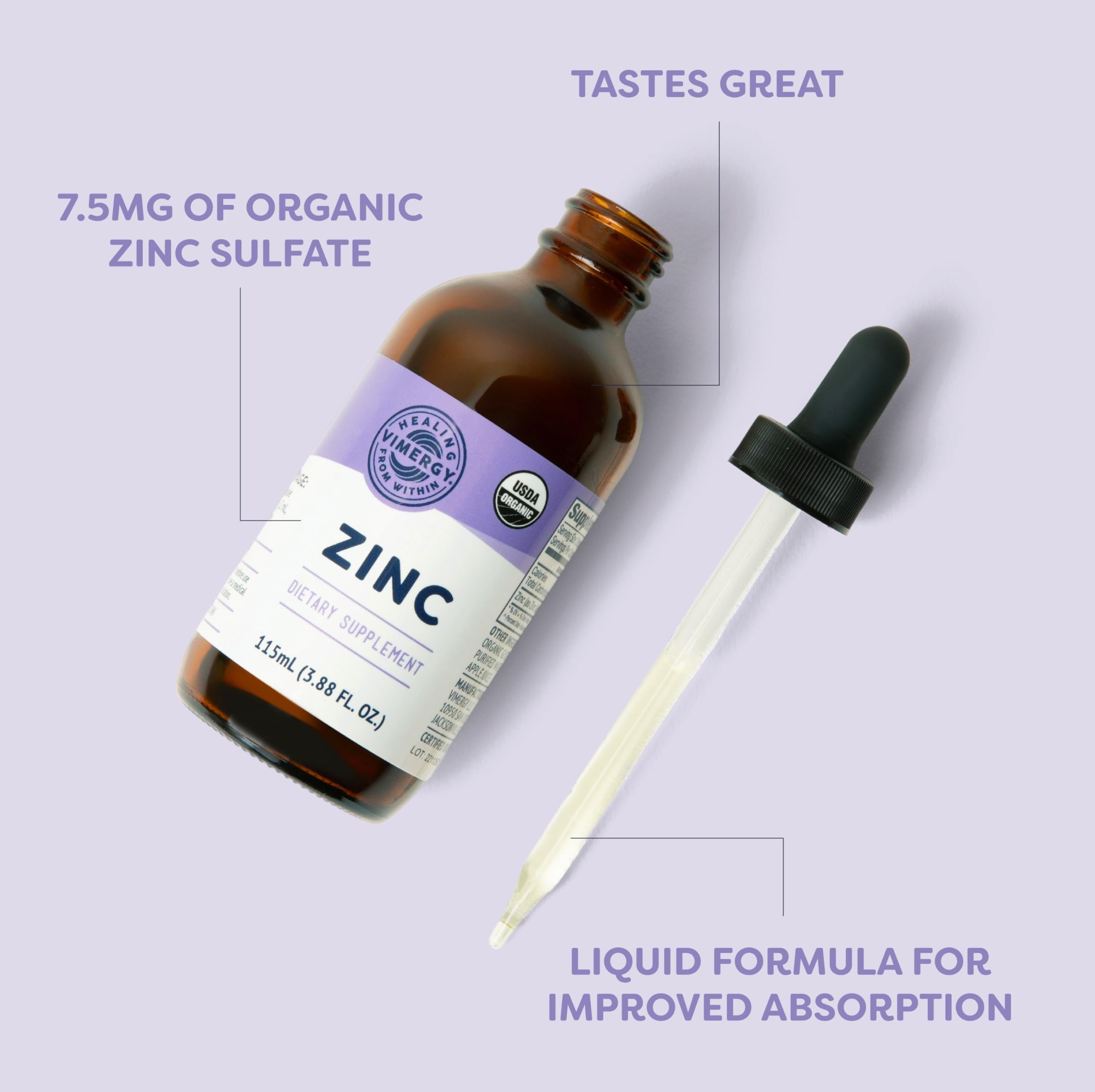 VIMERGY USDA Organic Zinc Supplements for Women & Men (7.5mg Liquid Zinc Per Serving) Fast-Absorbing Immune Support
