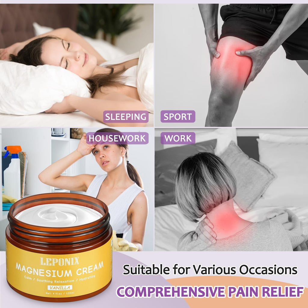 Magnesium Cream for Sleep & Muscle Recovery - Soothing Topical Magnesium Lotion for Leg Cramps, Joint Comfort, Pain Relief - Relaxing Magnesium Body Butter for Men Women Kids (120ml, Vanilla) LEPONIX Au supplements