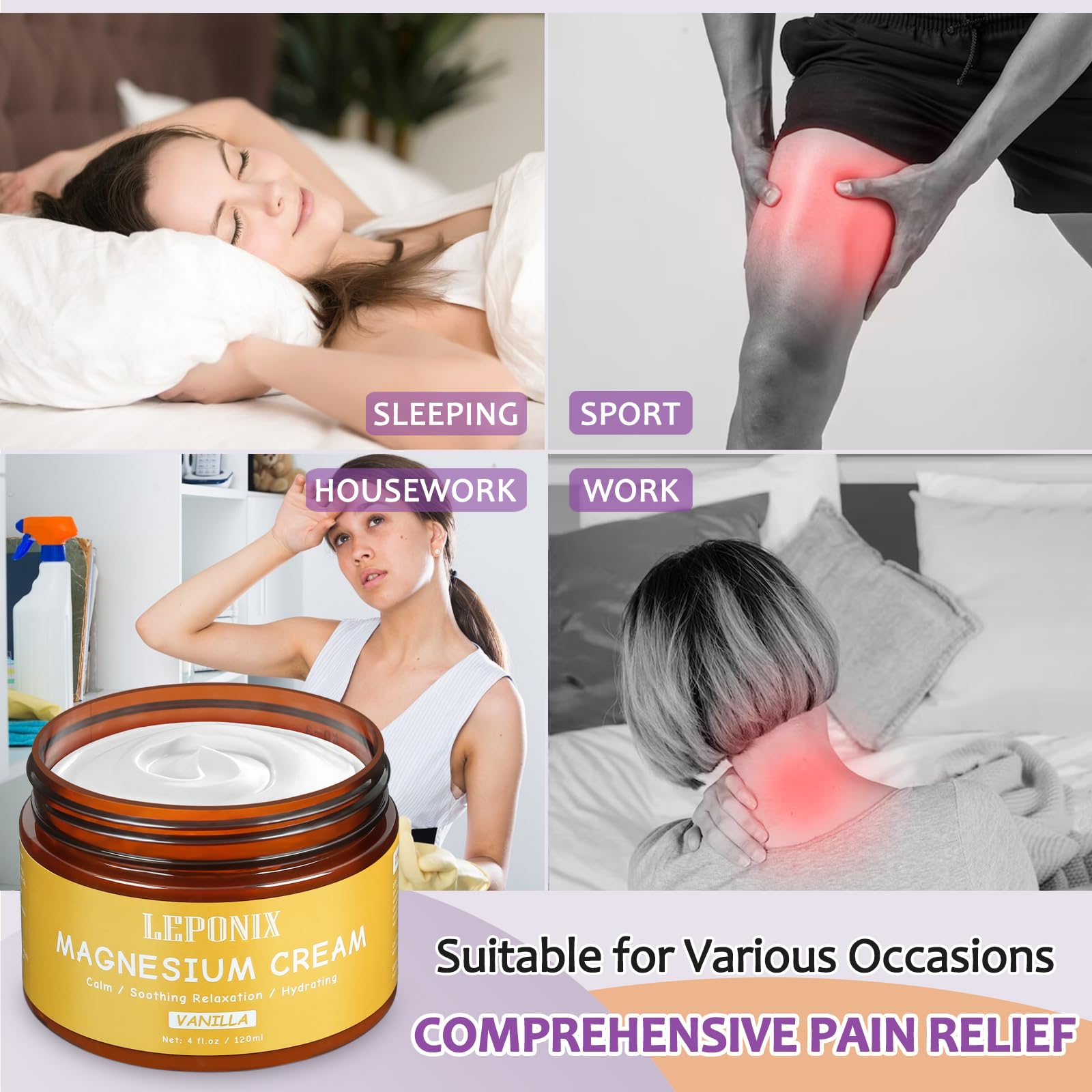 Magnesium Cream for Sleep & Muscle Recovery - Soothing Topical Magnesium Lotion for Leg Cramps, Joint Comfort, Pain Relief - Relaxing Magnesium Body Butter for Men Women Kids (120ml, Vanilla) LEPONIX Au supplements