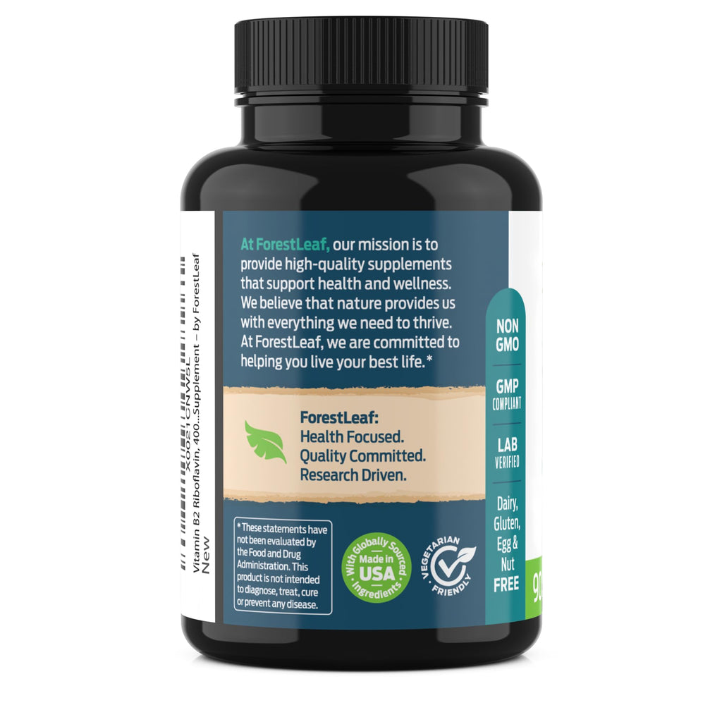 ForestLeaf Vitamin B2 Riboflavin 400mg - Energy, Skin & Cellular Health Supplement - Nervous System Support - Vitamin B 2 VIT B - Non-GMO & Gluten Free