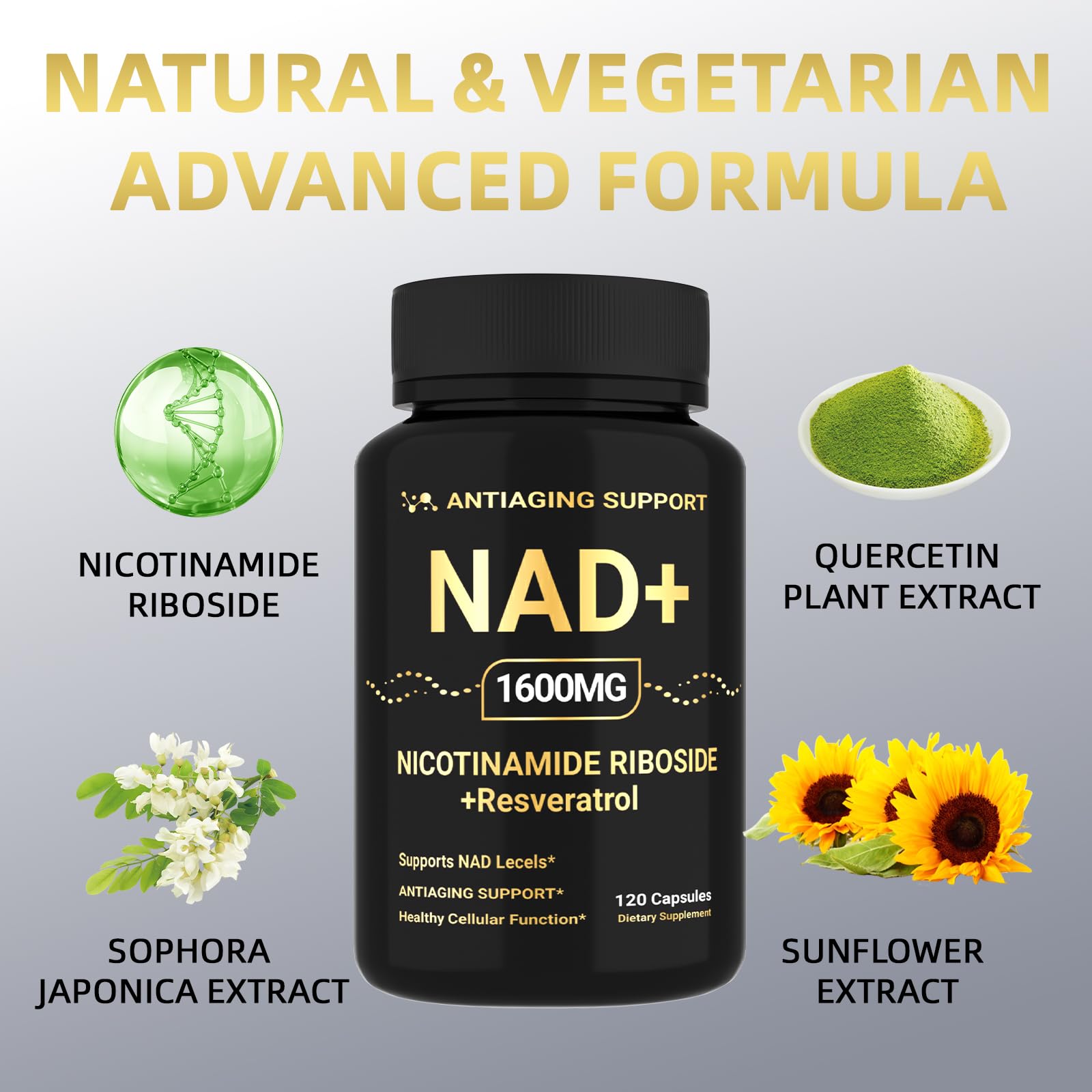 NAD Supplement 1600mg, NAD+ with Resveratrol & Nicotinamide Riboside, Anti-Aging Support, Cellular Energy & Mental Clarity Support, Vegan Non-GMO, 120 Capsules ANTIAGING SUPPORT Au supplements