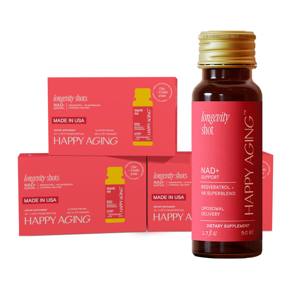 Happy Aging Liquid NAD+ Resveratrol Supplement, NMN Alternative, Liposomal Nicotinamide Riboside & Antioxidants for Energy Support, Brain Health, Firm Skin, Twice Weekly Use, 30 Shots Happy Aging Au supplements