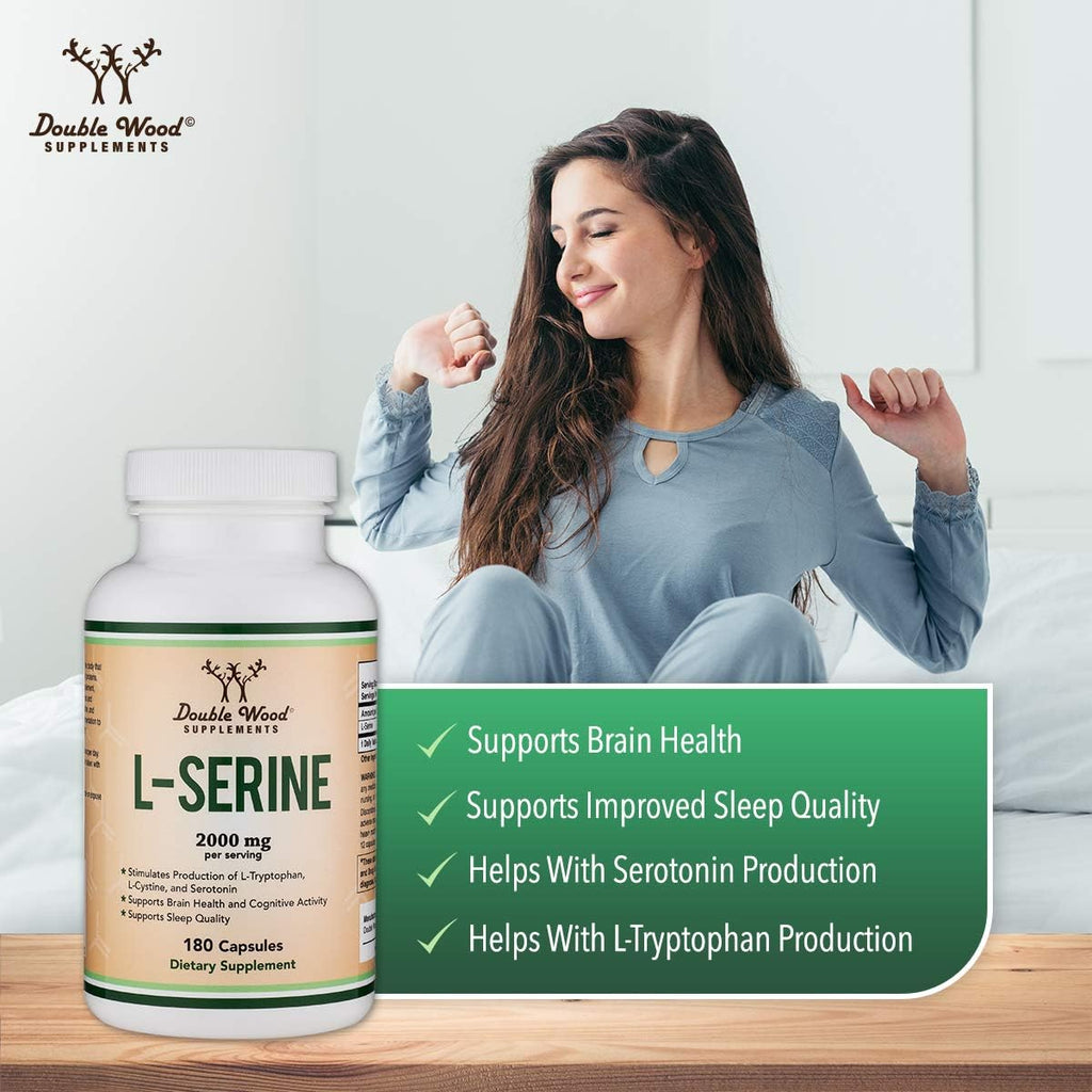 L-Serine Capsules (Third Party Tested) - 2,000mg Servings Used in Clinical Study, 180 Count, 500mg per Capsule (L Serine Amino Acid for Serotonin Production and Brain Support) by Double Wood Double Wood Supplements Au supplements