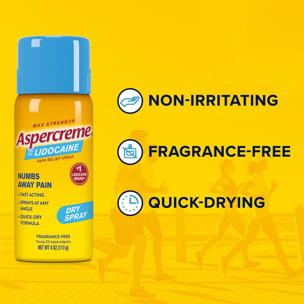 Aspercreme Lidocaine Dry Spray Soothes Aggravated Nerves, Numbing Topical Pain Relief Spray with Max-Strength 4% Lidocaine Sprays at Any Angle, 4 Oz. Aspercreme Au supplements