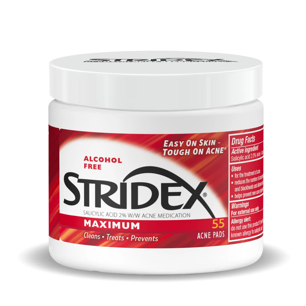 Stridex Medicated Acne Pads, Maximum, 55 Count – Facial Cleansing Wipes, Alcohol Free