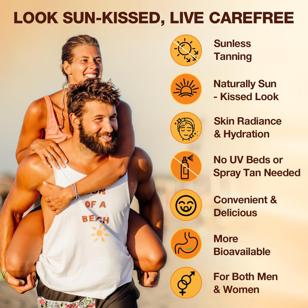 Tanning Gummies with Astaxanthin for Women and Men | Sunless Tanning Supplement with Beta Carotene, Lycopene, Collagen & Vitamins | Skin Radiance & Hydration | Vegan & Sugar Free - 60 Count