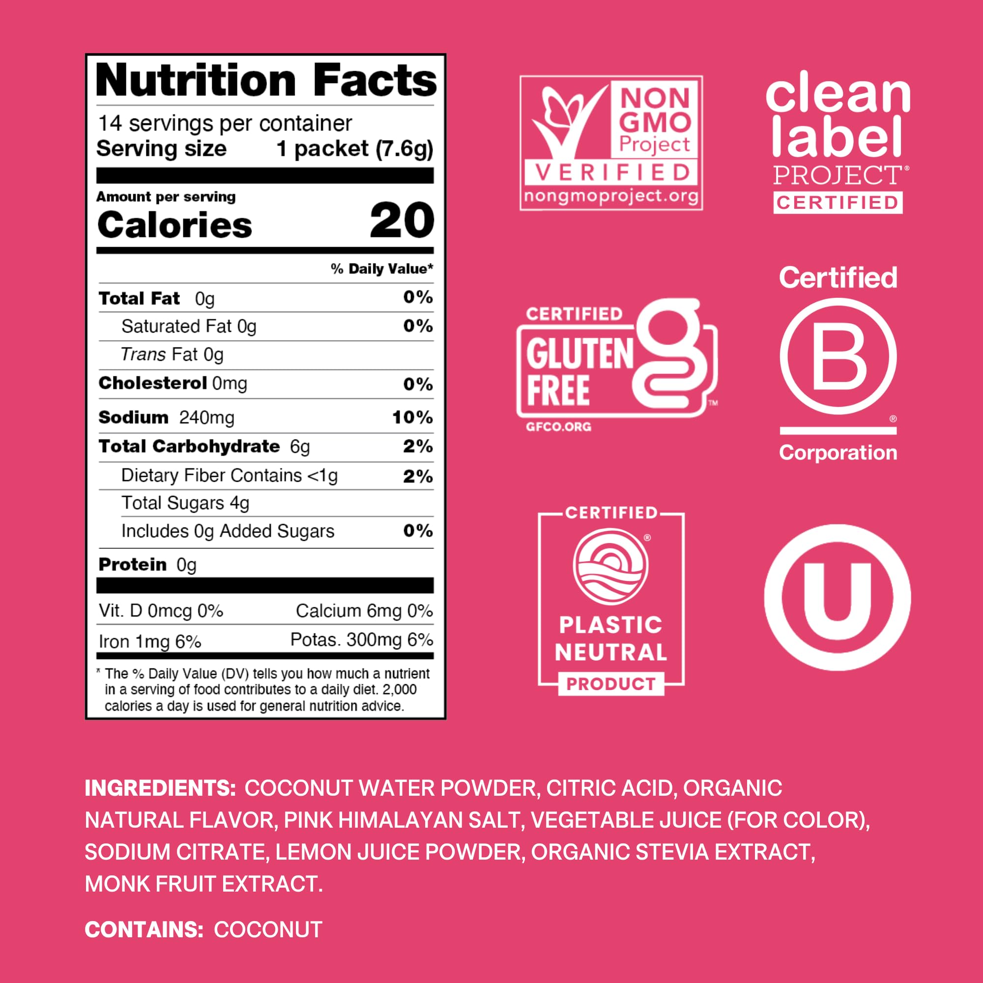Cure Hydration | Plant-Based Electrolyte Drink Mix | No Added Sugar | FSA-HSA | Dehydration Relief Powder Made with Coconut Water | Non-GMO | Vegan | Pouch of 14 Packets - Tropical Punch