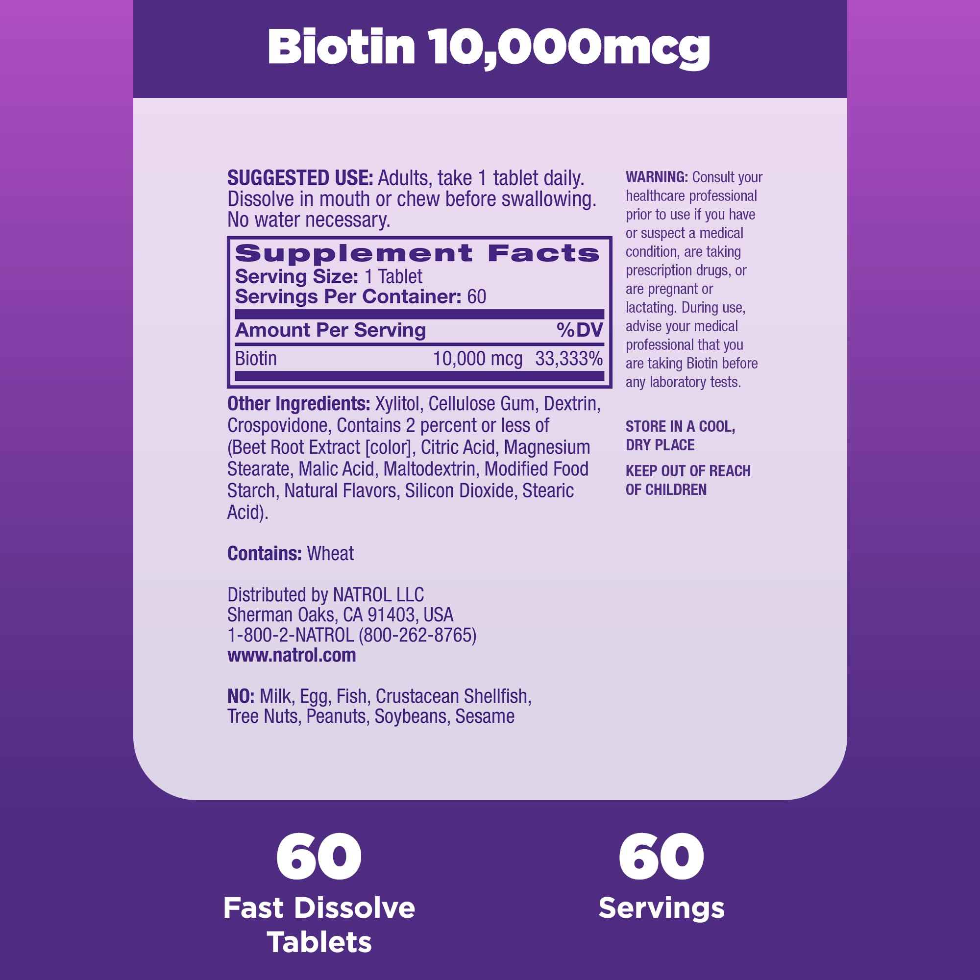 Natrol Biotin 10000mcg, 4X Faster Dissolve Supplement for Healthy Hair, Skin and Nails for Those Low in Biotin, Plus Energy Metabolism Support