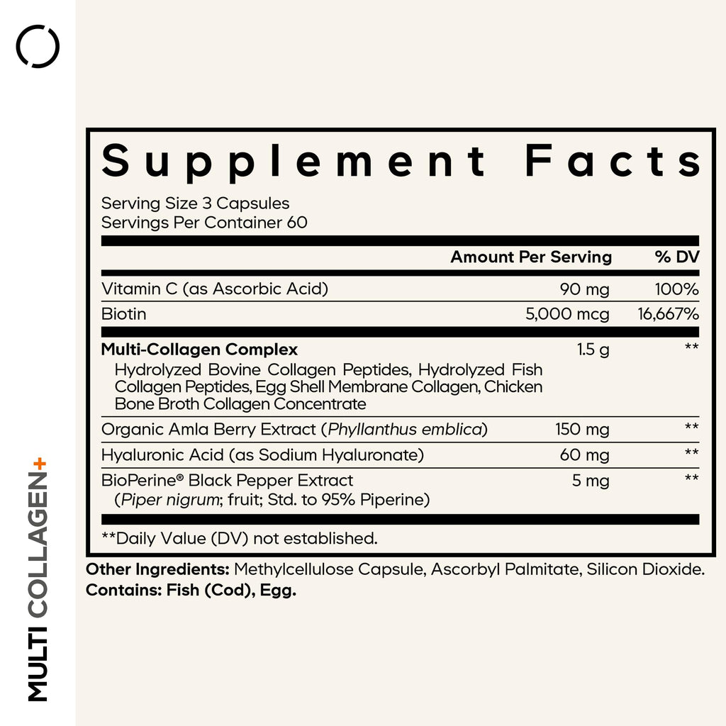 Codeage Multi Collagen+ Supplement with Vitamin C, Biotin 5000 mcg, Hyaluronic Acid, Amla Berry, BioPerine - 5 Types of Collagen Grass-Fed, Pasture-Raised - 2-Month Supply - Non-GMO - 180 Capsules Codeage Au supplements