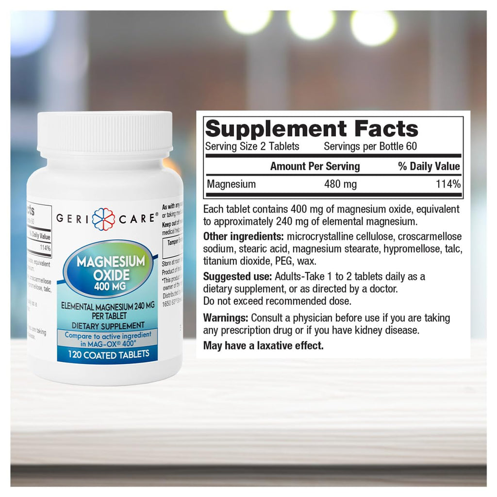 GeriCare Magnesium Oxide Supplement 240 mg of Elemental Magnesium, 120 Tablets, Essential Mineral Support, Promotes Vascular Health, Bone Strength, and Muscle Function (Pack of 1) GeriCare Au supplements