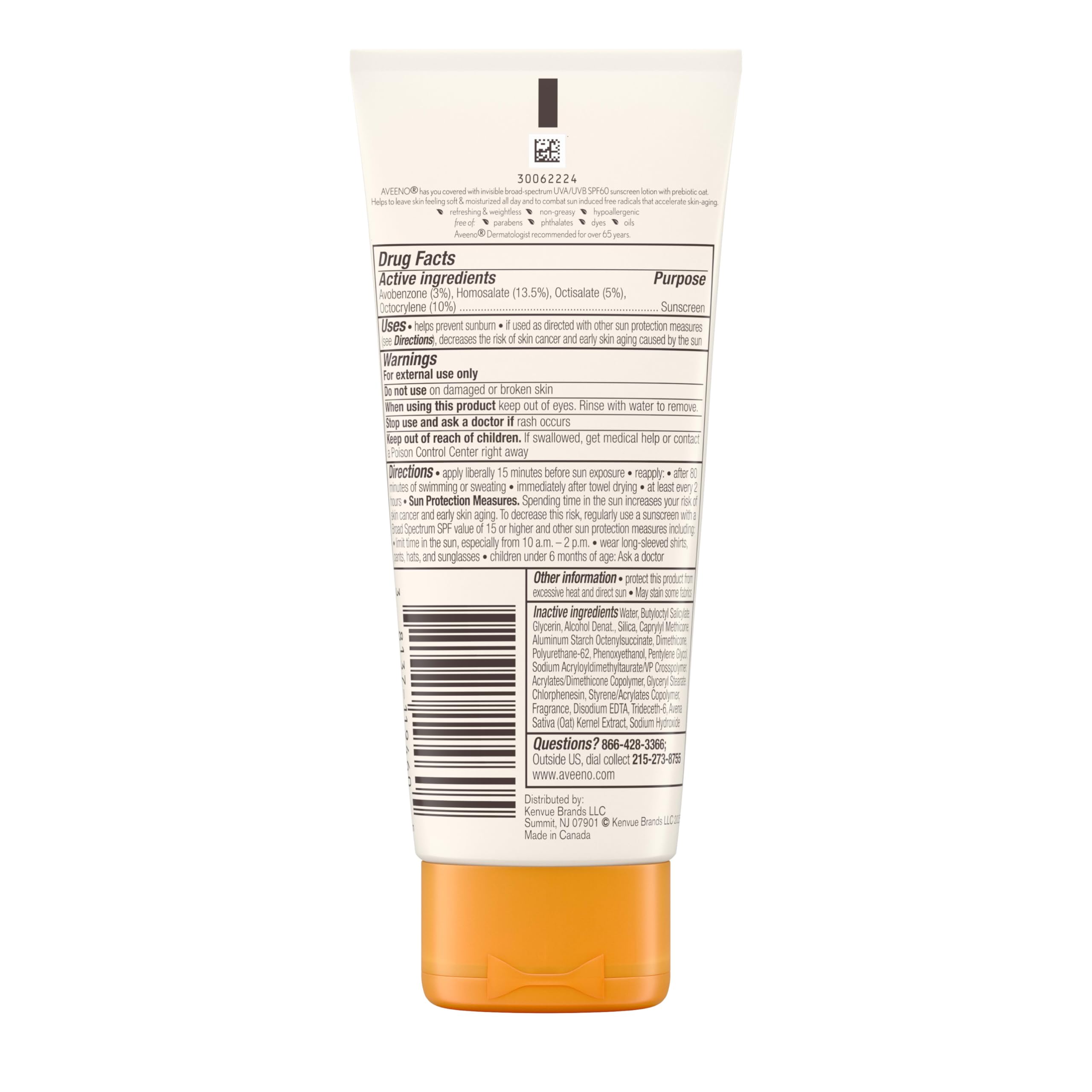Aveeno Protect + Hydrate Moisturizing Body Sunscreen Lotion with Broad Spectrum SPF 60 & Prebiotic Oat, Weightless & Refreshing Feel