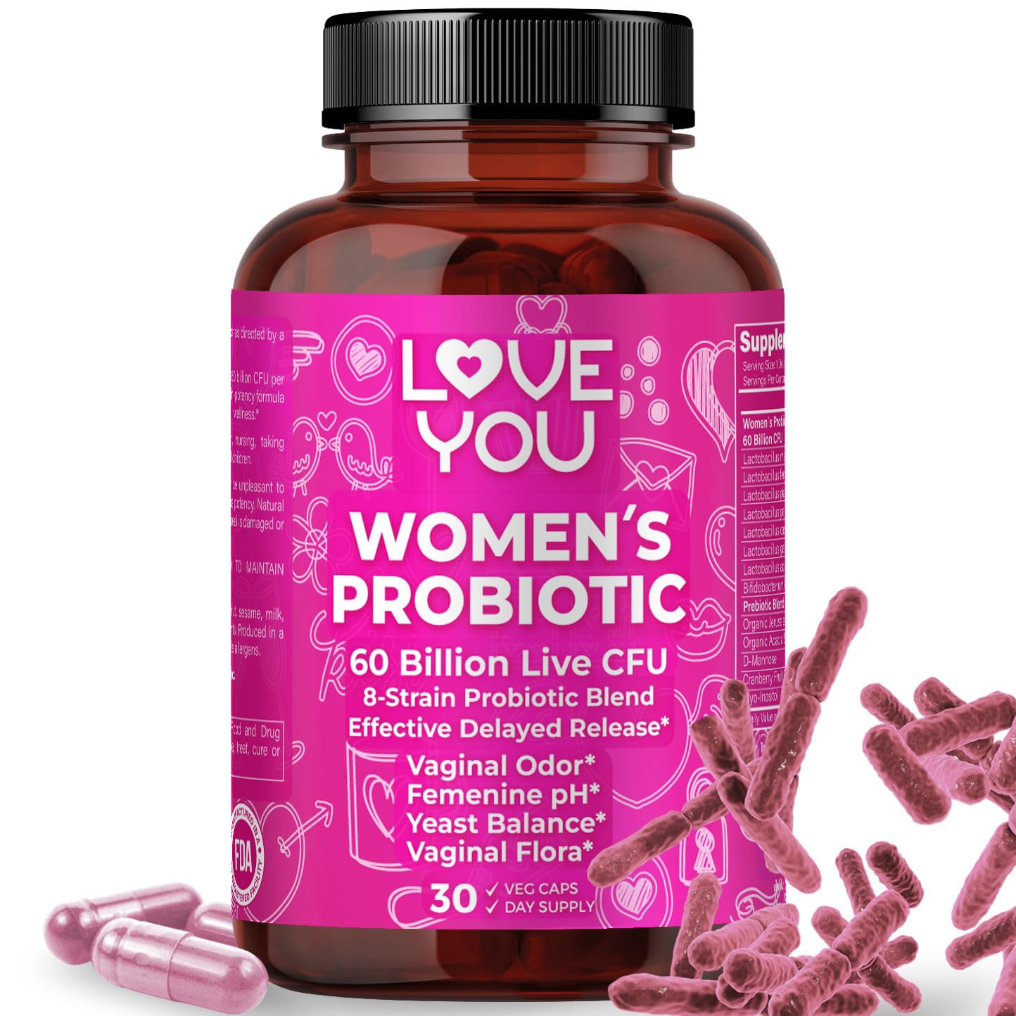 Love You Womens Probiotic, Ph Balance, Ut, Feminine, Vaginal Health Supplement, Digestive, Pre + Pro + Postbiotic, Delayed Release, 60 Billion Live CFU, 8-Strain Probiotic Blend, 30 Veg Caps Servings Love You Au supplements