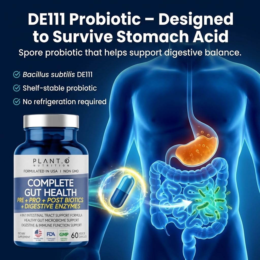 4-in-1 Gut Health Support – Prebiotics + Probiotics + Postbiotics + Digestive Enzymes – DE111 Spore Probiotic for Digestive Support & Bloating