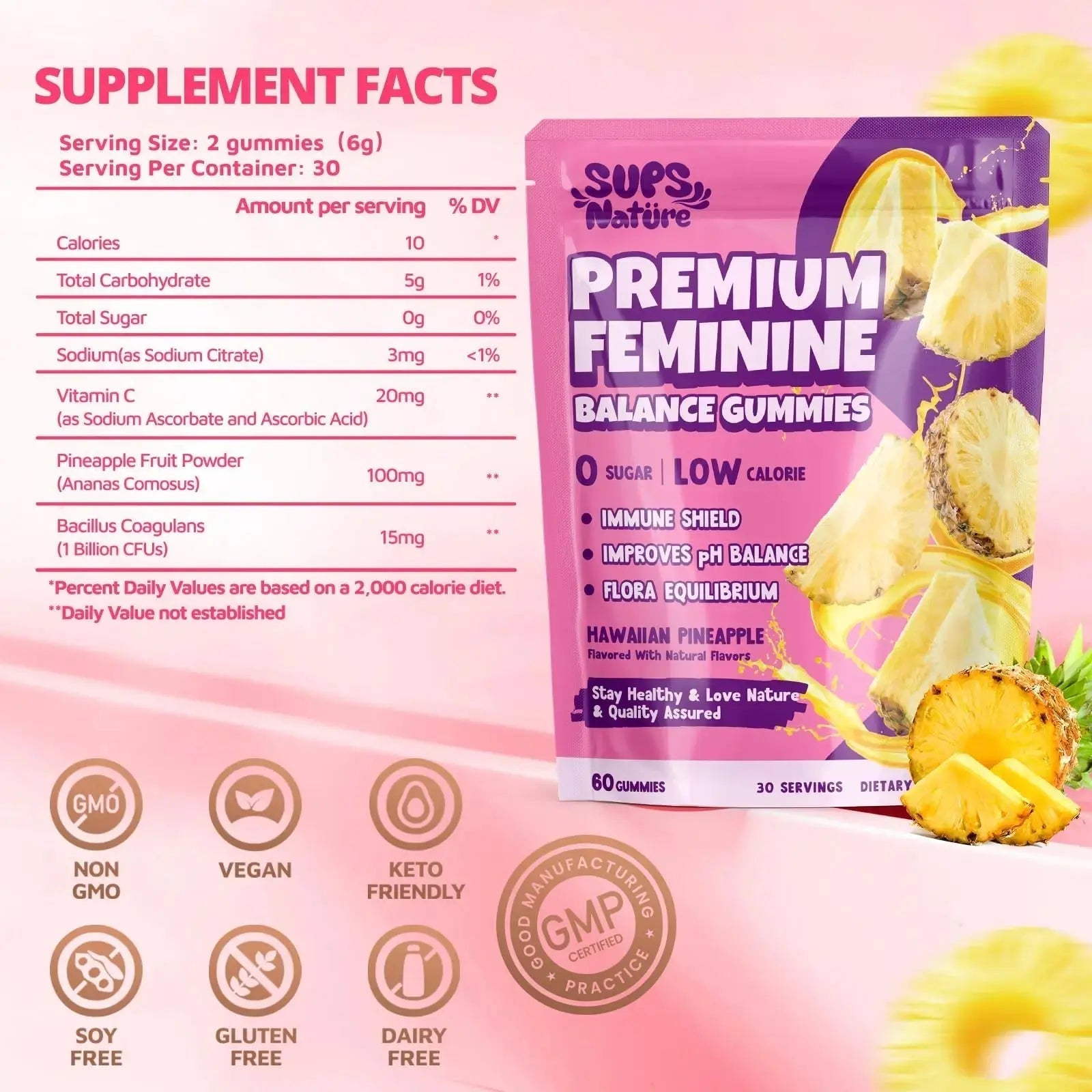 Women's Probiotic Gummies Nutrition Premium Feminine Balance Gummies - Supports pH Balance, Digestion & Immune Health - Hawaiian Pineapple Flavor sups nature Au supplements