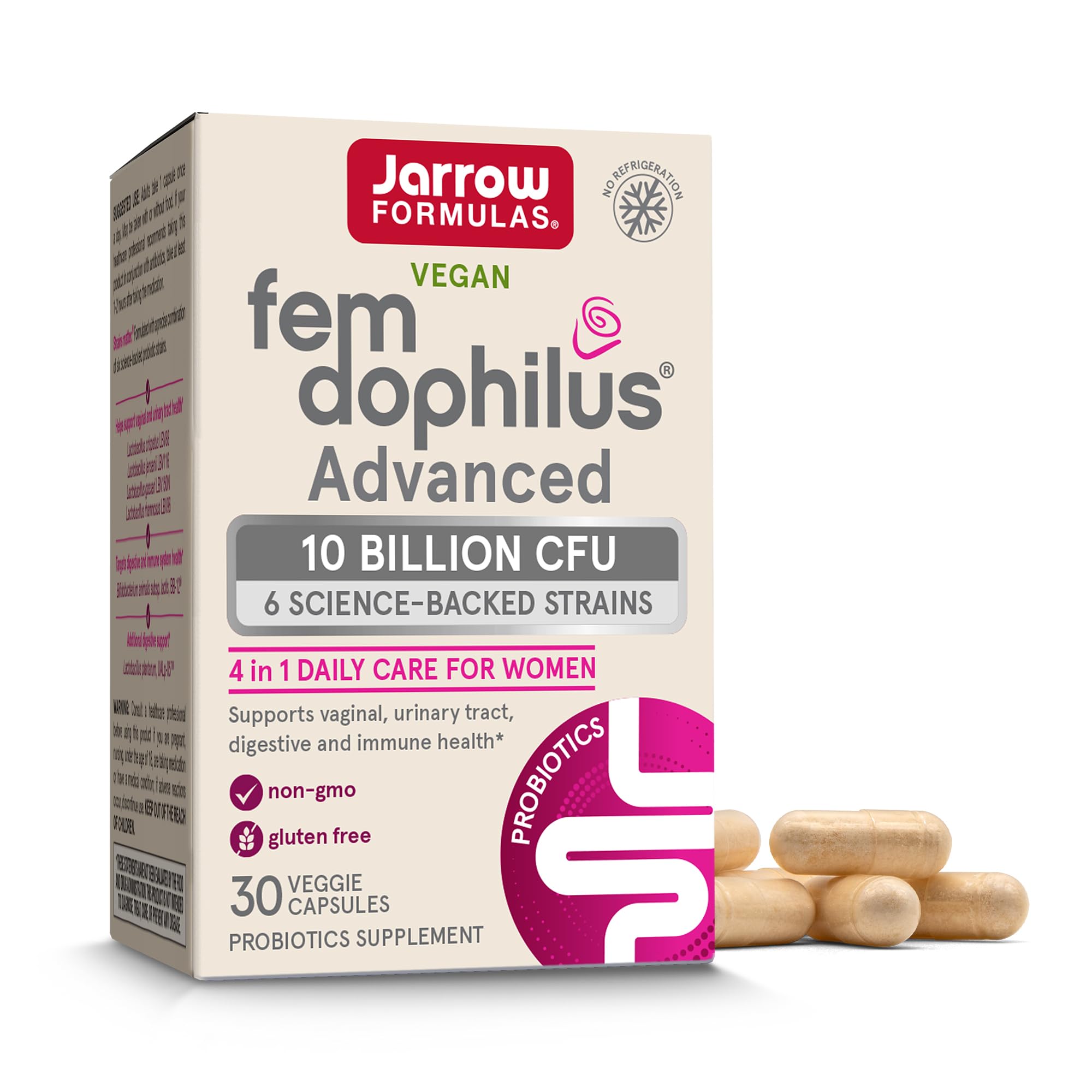 Jarrow Formulas Fem-Dophilus Advanced Vaginal & Digestive Probiotics 10 Billion CFU with 6 Science Backed Strains, for Vaginal, Urinary Tract