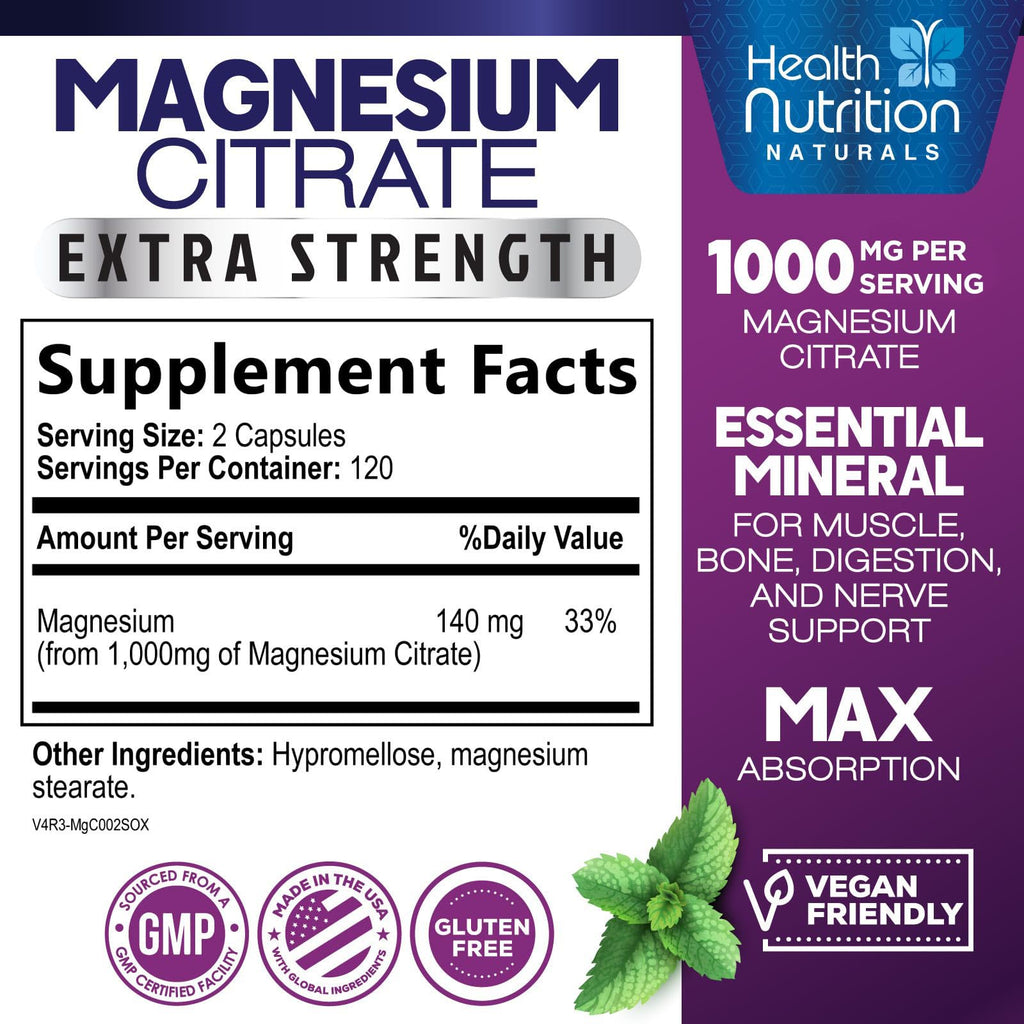 Magnesium Citrate 1000mg Per Serving - Max Absorption Magnesium Powder Capsules for Muscle, Nerve, Bone and Heart Health Support, High Absorption Citrate Complex