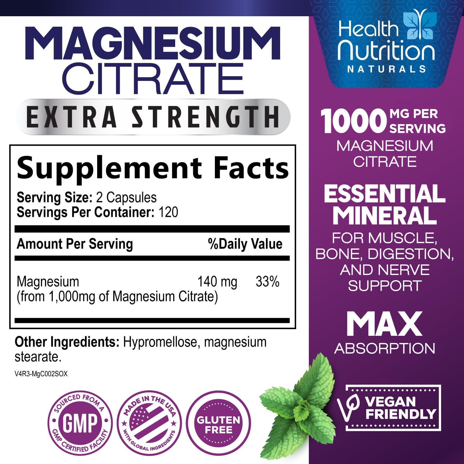 Magnesium Citrate 1000mg Per Serving - Max Absorption Magnesium Powder Capsules for Muscle, Nerve, Bone and Heart Health Support, High Absorption Citrate Complex